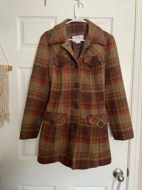 Maria D Women's size Large Plaid Wool Blend Coat - Brown Multi Color
